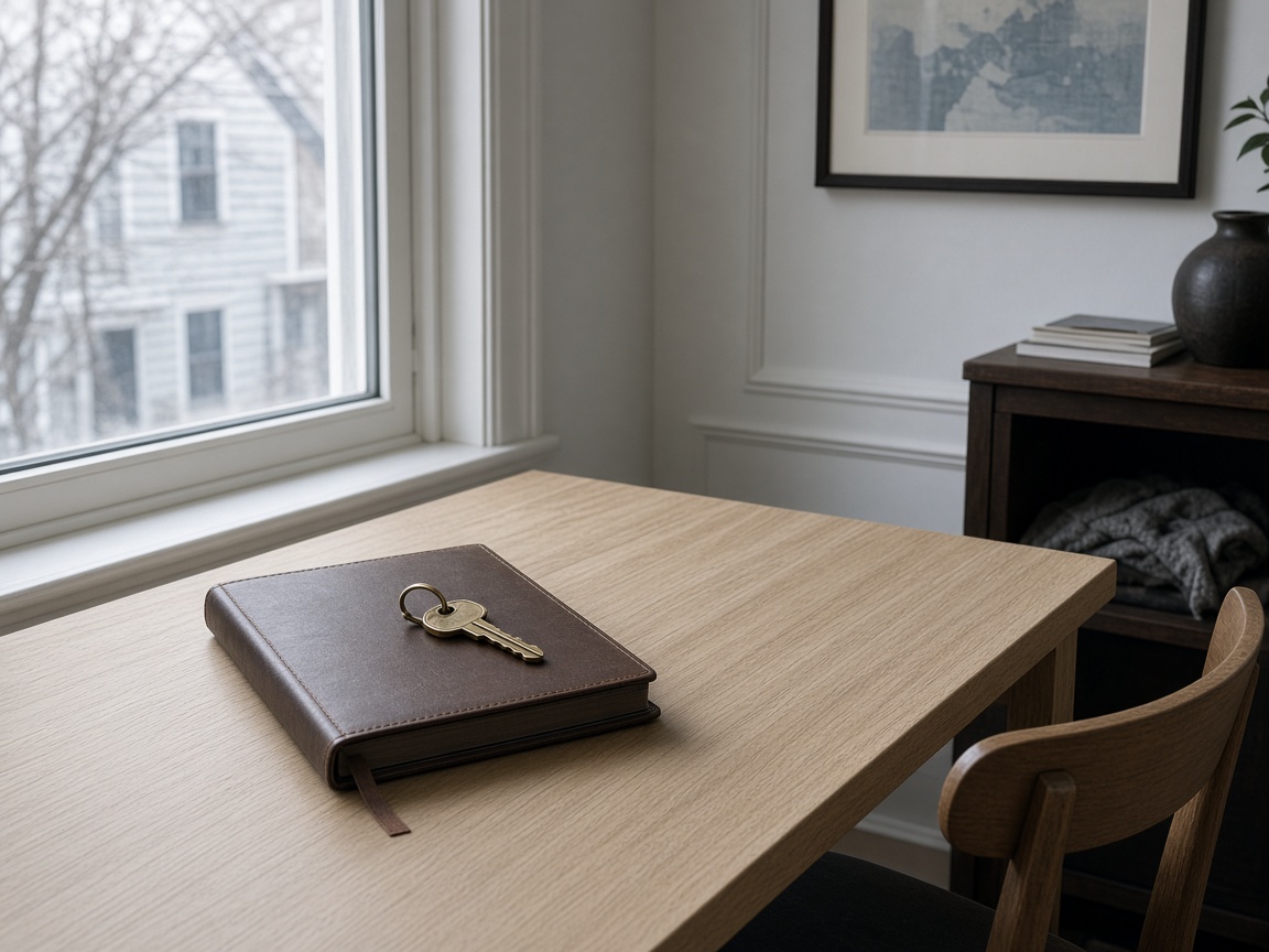 Notebook and key on a quiet office desk