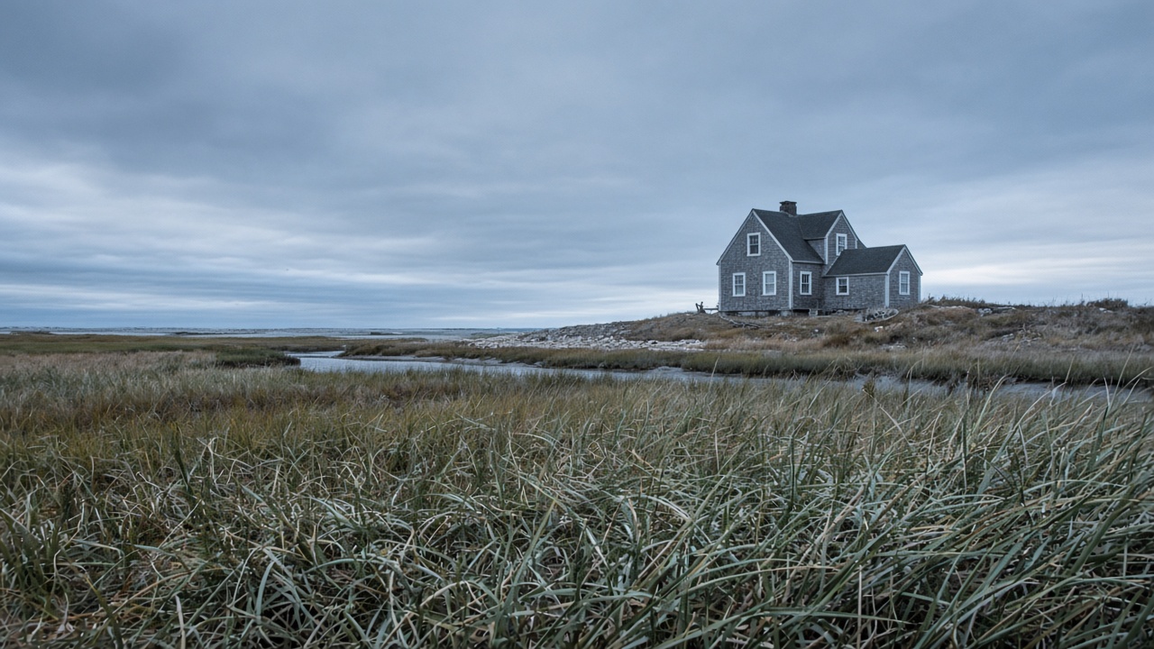 Salt marsh and a distant shingle cottage
