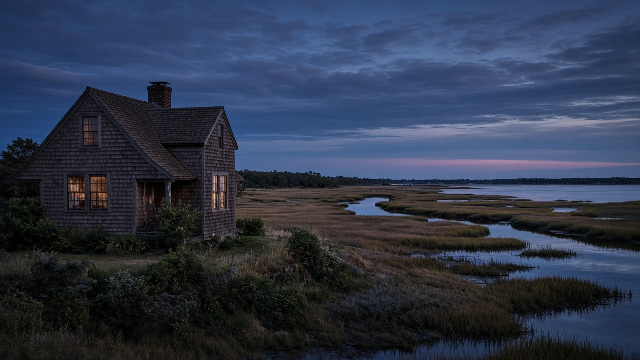 Cedar-shingle house beside a salt marsh at dusk