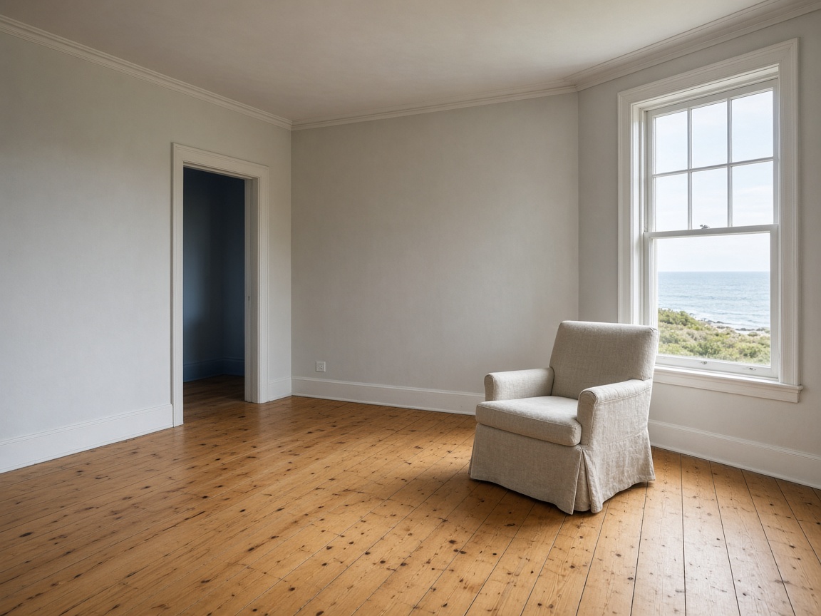 Empty room with one chair and a tall window